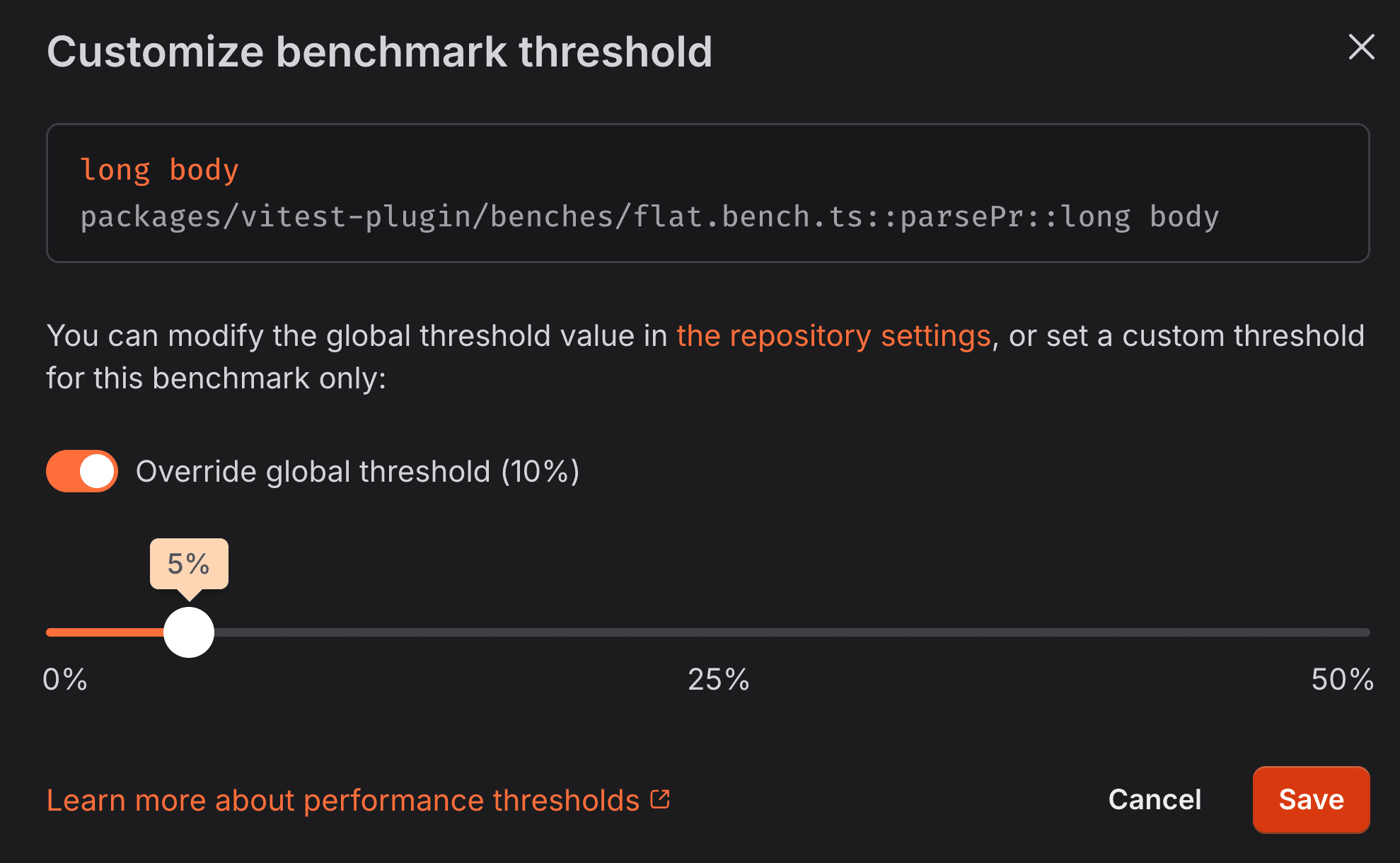 Configuration modal for setting custom regression threshold